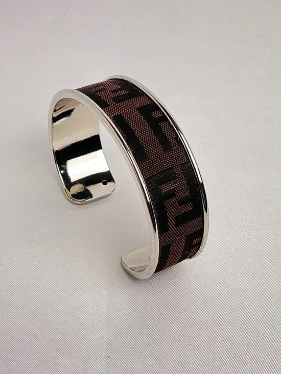 FENDI Brown Monogram Cloth Canvas Silver Cuff Bangle Bracelet - Picture 8 of 8
